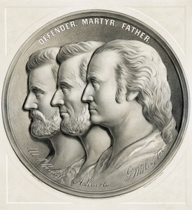 Medaljong som viser Ulysses S. Grant, Abraham Lincoln og George Washington som forsvarer, martyr og far, 1870 av American School